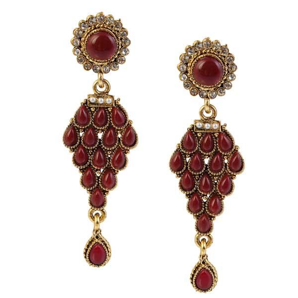 Kriaa Maroon Pota Stone Antique Gold Plated Dangler Earrings - 1304906