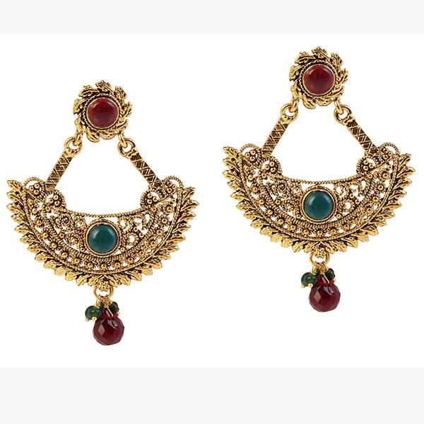 Kriaa Maroon & Green Pota Stone Dangler Earrings - 1304914