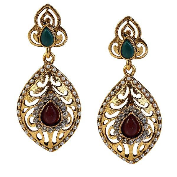 Kriaa Maroon And Green Pota Stone Pearl Dangler Earrings - 1304922