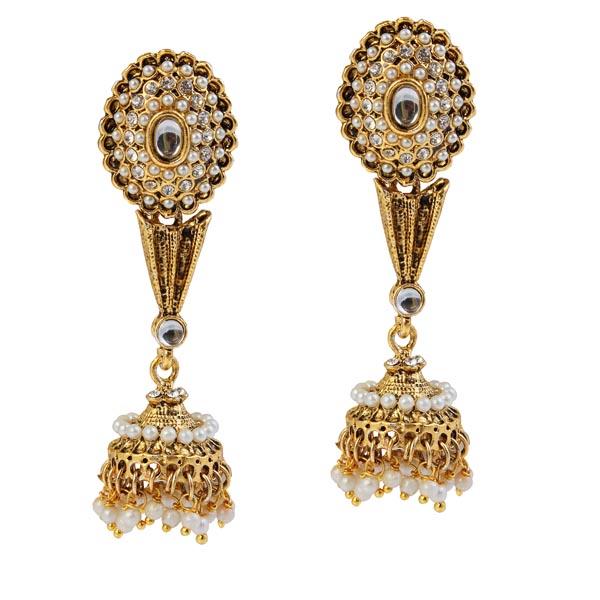 Kriaa Kundan Pearl Antique Gold Plated Jhumki Earrings - 1304934