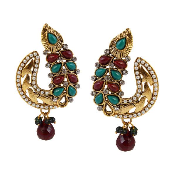 Kriaa Gold Plated Maroon Stone Dangler Earrings - 1304937