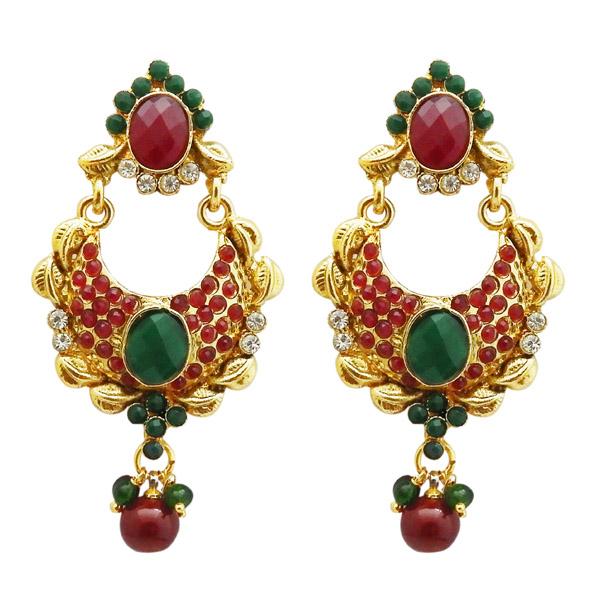 Kriaa Maroon And Green Stone Gold Plated Dangler Earrings - 1304953C