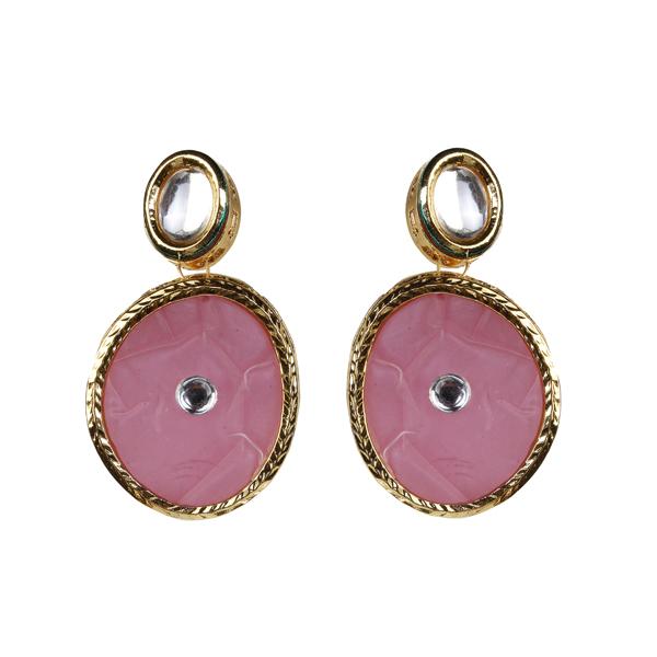 Kriaa Kundan Pink Resin Gold Plated Dangler Earrings - 1305442