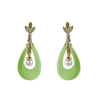 Kriaa Austrian Stone Green Resin Gold Plated Dangler Earrings - 1305743