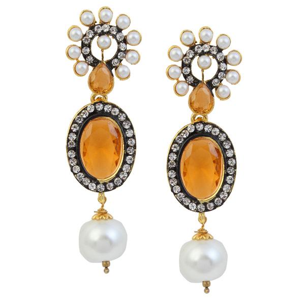 Kriaa Yellow Stone Gold Plated Pearl Dangler Earrings - 1305936