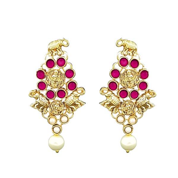 Kriaa Pink Stone Pearl Drop Dangler Earrings