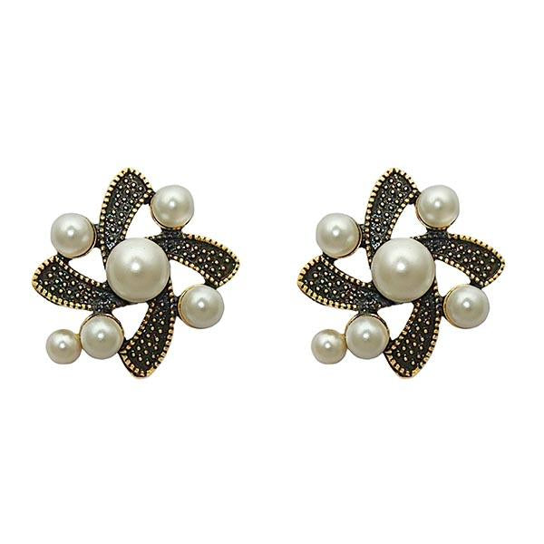Kriaa Antique Gold Plated  White Pearls Stud Earrings - 1306401