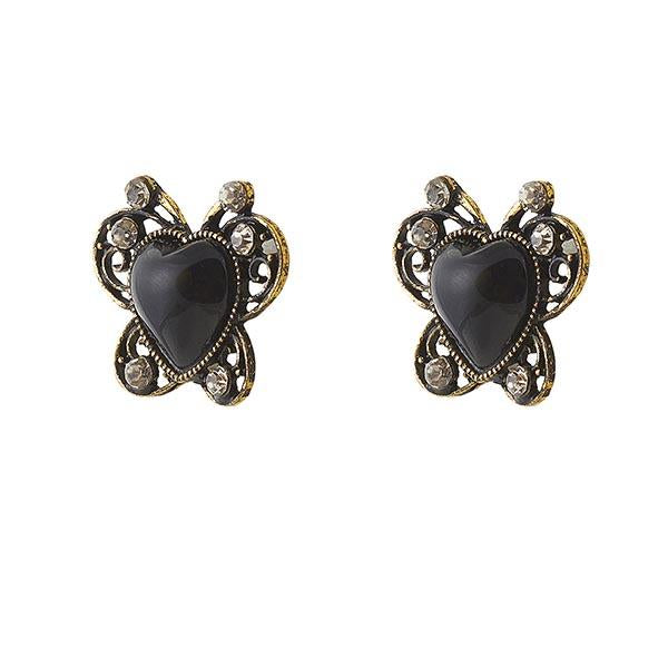 Urbana Black Heart Antique Gold Plated  Stud Earrings - 1306516