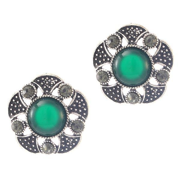 Kriaa Oxidised Plated  Green Stone Stud Earrings - 1306530