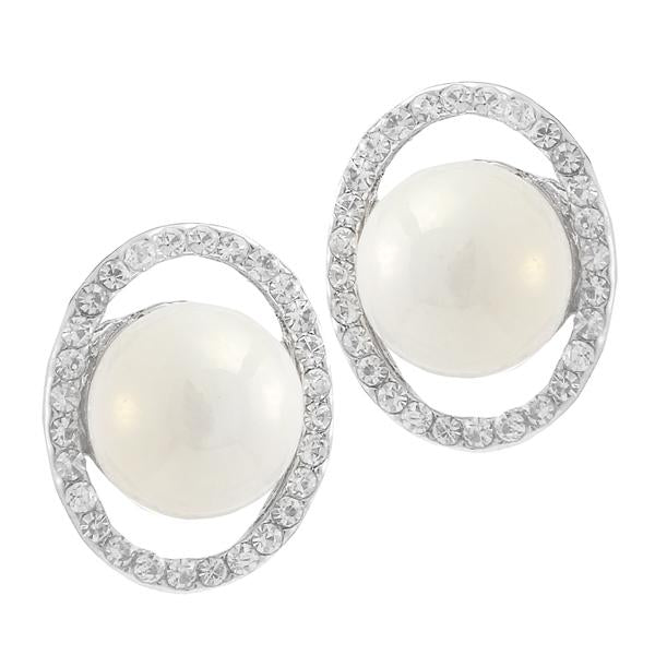 Kriaa Silver Plated White Austrian Stone Pearl Stud Earrings - 1307105