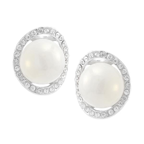 Kriaa Silver Plated White Austrian Stone Pearl Stud Earrings - 1307106