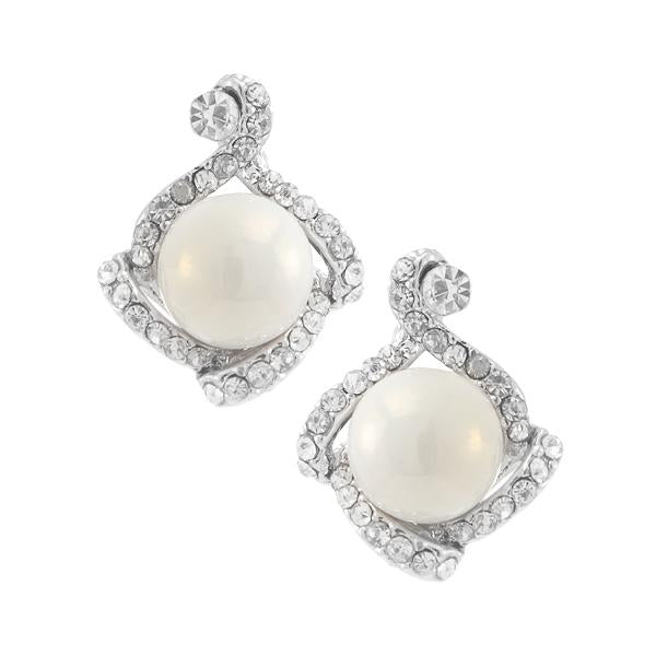 Kriaa  Silver Plated White Austrian Stone Pearl Stud Earrings - 1307114
