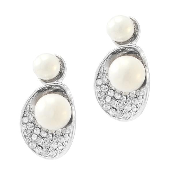 Kriaa Silver Plated White Austrian Stone Pearl Stud Earrings - 1307122