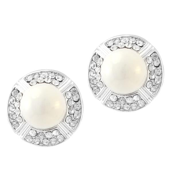 Kriaa Silver Plated White Austrian Stone Pearl Stud Earrings - 1307124