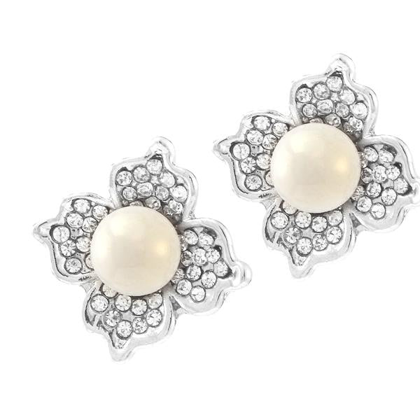 Kriaa Silver Plated White Austrian Stone Pearl Stud Earrings - 1307129