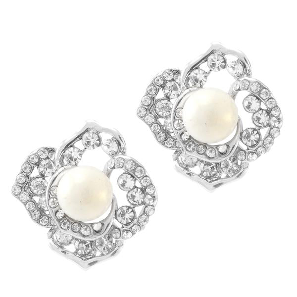 Kriaa Silver Plated White Austrian Stone Pearl Stud Earrings - 1307130