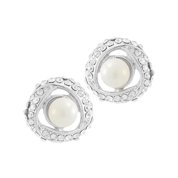 Kriaa Silver Plated White Austrian Stone Pearl Stud Earrings - 1307134