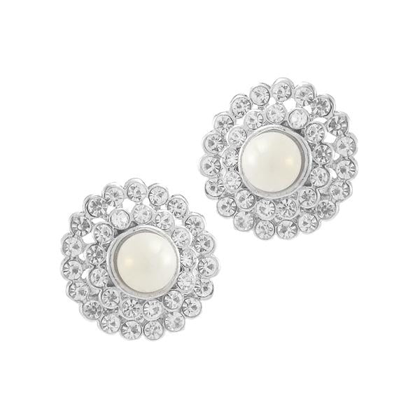 Kriaa Silver Plated White Austrian Stone Pearl Stud Earrings - 1307136