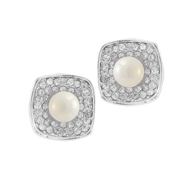 Kriaa Silver Plated White Austrian Stone Pearl Stud Earrings - 1307146