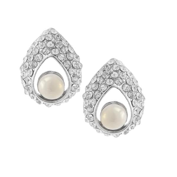 Kriaa  Silver Plated White Austrian Stone Pearl Stud Earrings - 1307147
