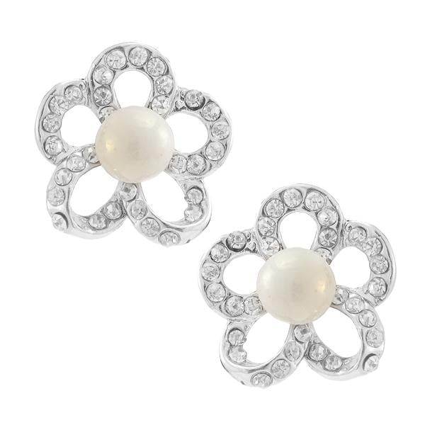 Kriaa  Silver Plated White Austrian Stone Pearl Stud Earrings - 1307155