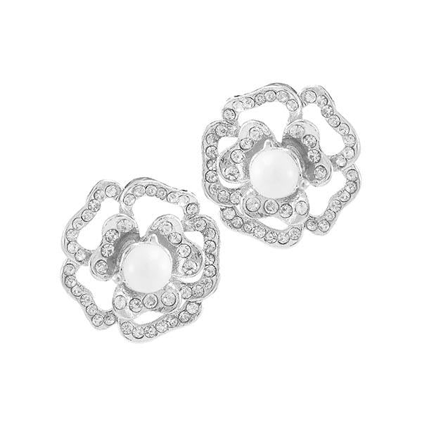 Kriaa Silver Plated Austrian Stone Pearl Stud Earrings - 1307167