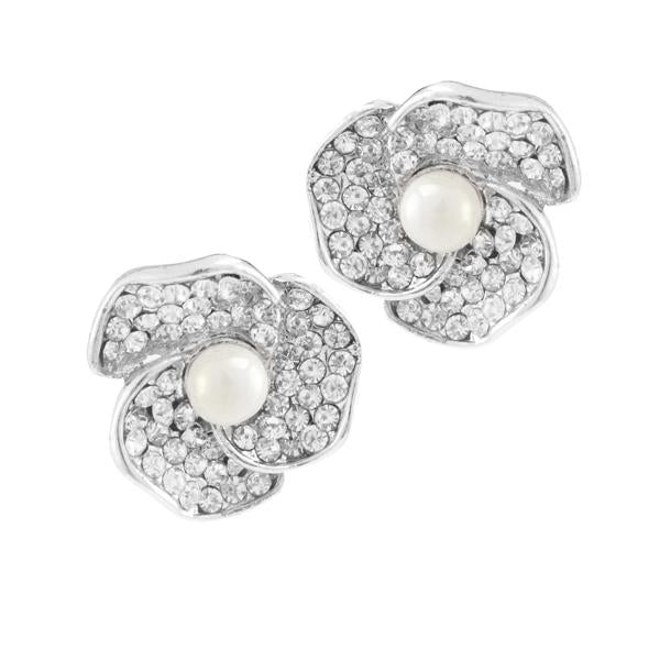 Kriaa Silver Plated White Austrian Stone Pearl Stud Earrings - 1307168