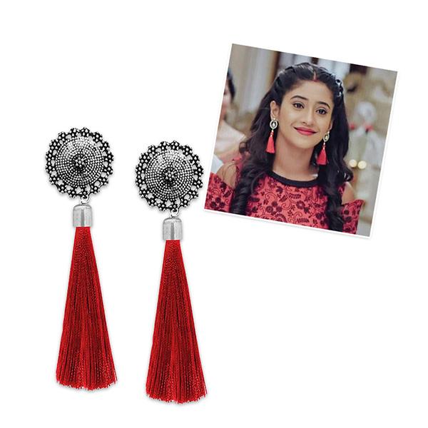 Jeweljunk Maroon Oxidised Plated Thread Earrings - 1308343C