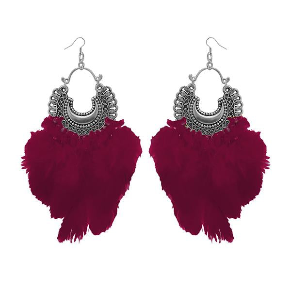 Jeweljunk Maroon Feather Rhodium Plated Afghani Earrings - 1308355H