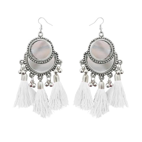 Jeweljunk White Thread Rhodium Plated Tassel Earrings - 1308364A