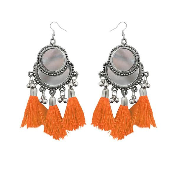 Jeweljunk Rhodium Plated Orange Thread Tassel Earrings - 1308364G