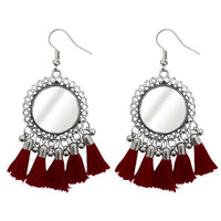 Jeweljunk Maroon Thread Rhodium Plated Tassel Earrings - 1308367H
