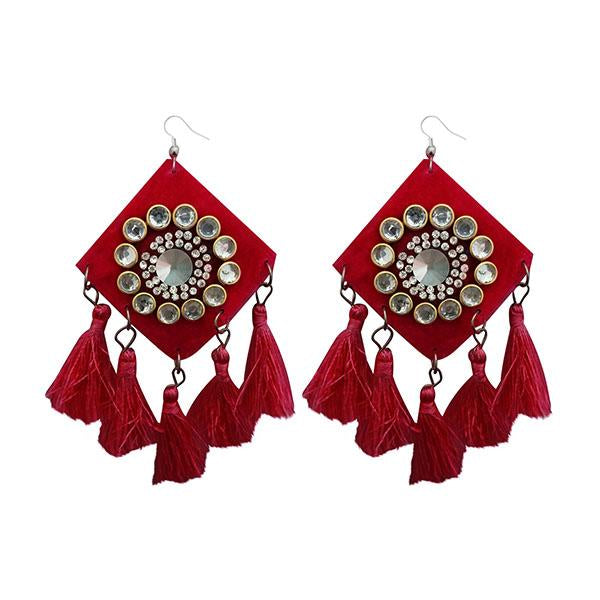 Jeweljunk Austrian Stone Maroon Thread Tassel Earrings - 1308368E