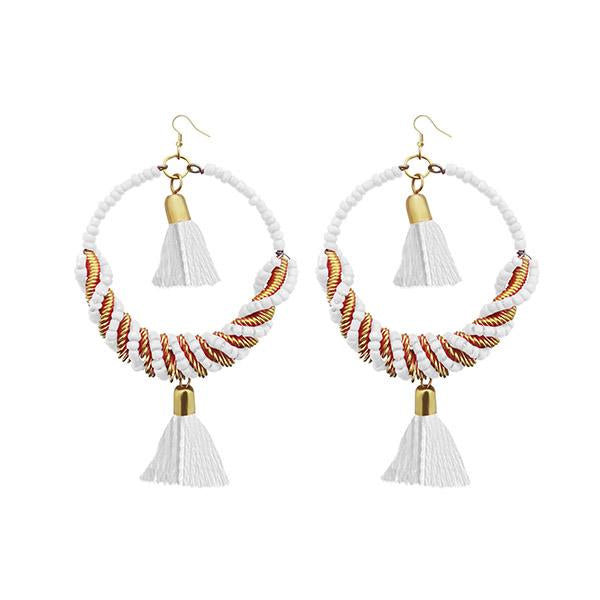 Jeweljunk White Thread Beads Rhodium Plated Tassel Earrings - 1308369A