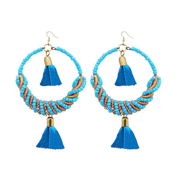 Jeweljunk Blue Thread Beads Rhodium Plated Thread Earrings - 1308369B