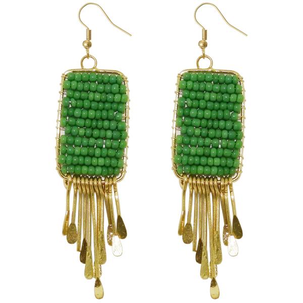 Urthn Green Beads Gold Plated Drop Dangler Earrings - 1309024I