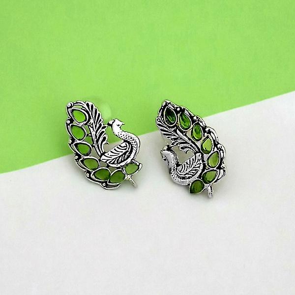 Jeweljunk Oxidised Plated Green Kundan Peacock Design Stud Earrings