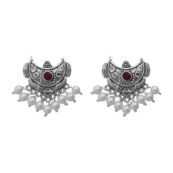 Jeweljunk Red Stone And Pearl Oxidised Earrings
