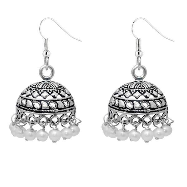 Jeweljunk White Beads Drop Oxidised Jhumki Earrings - 1309301