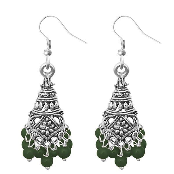 Jeweljunk Green Beads Silver Plated Jhumki Earrings - 1309372I