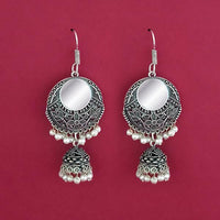 Jeweljunk White Beads Silver Plated Mirror Dangler Earrings - 1309373A