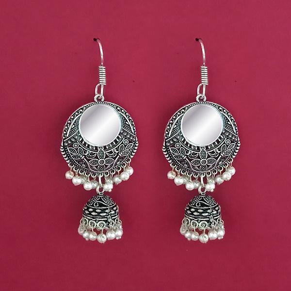 Jeweljunk White Beads Silver Plated Mirror Dangler Earrings - 1309373A