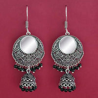 Jeweljunk Black Beads Silver Plated Mirror Dangler Earrings - 1309373B