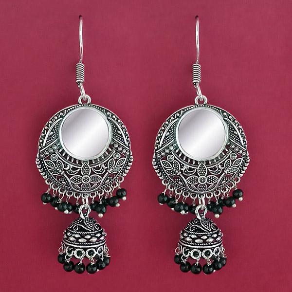 Jeweljunk Black Beads Silver Plated Mirror Dangler Earrings - 1309373B