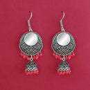 Jeweljunk Red Beads Silver Plated Mirror Dangler Earrings - 1309373C