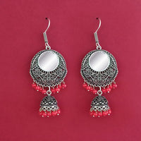 Jeweljunk Red Beads Silver Plated Mirror Dangler Earrings - 1309373C