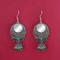 Jeweljunk Green Beads Silver Plated Mirror Dangler Earrings - 1309373D