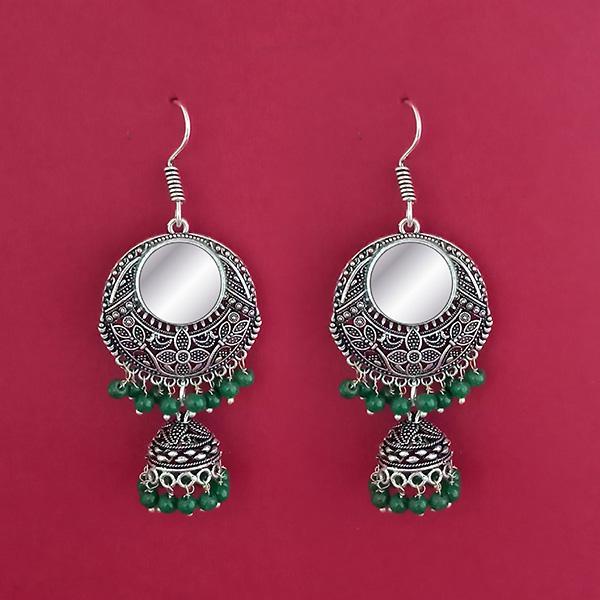 Jeweljunk Green Beads Silver Plated Mirror Dangler Earrings - 1309373D