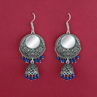 Jeweljunk Blue Beads Silver Plated Mirror Dangler Earrings - 1309373E