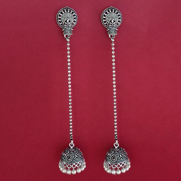 Jeweljunk White Beads Oxidised Plated Chain Jhumki Earrings - 1309374A